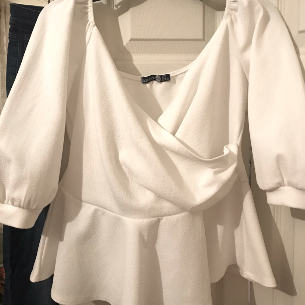 White wrap peplum top BooHoo